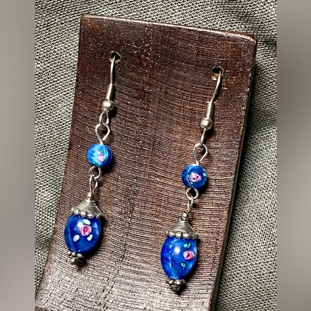 Blue Lampwork Glass Beads 1980’s Floral Satin Earrings